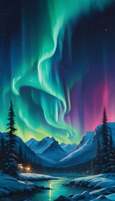 an aurora bore is shown in the night sky above snow covered mountains and evergreen trees