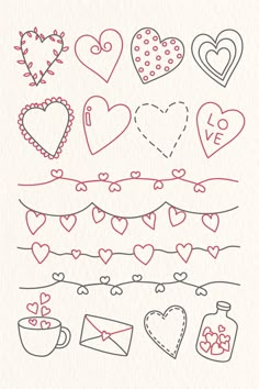 valentine's day doodles with hearts and envelopes