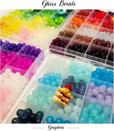 there are many different colors of beads in the bins with text overlay that says glass beads