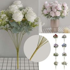 flowers are arranged in vases and placed on a table with the same color scheme