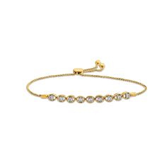 Unlock a new world of shimmering style with this elegant diamond oval link bolo bracelet. 10K gold. Each open oval-shaped link is centered with a sparkling diamond. 1/6 ct. t.w. of diamonds. 9.5-inch adjustable wheat chain bracelet with bolo clasp. Yellow Gold Oval Bracelets With Diamond Accents, Oval Yellow Gold Bracelets With Diamond Accents, Classic Gold Bracelet With Adjustable Chain, Classic Yellow Gold Diamond Bracelet With Adjustable Chain, Modern Yellow Gold Oval Diamond Bracelet, Elegant Adjustable Oval Diamond Bracelet, Timeless Oval Diamond Bracelet For Gift, Gold Oval Diamond Bracelet With Cubic Zirconia, Timeless Oval Diamond Bracelet Gift