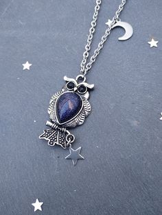 PLEASE read my shop announcement before placing an order so you know what to expect right now. Plus, when ordering from outside Europe, don't forget to provide a phone number for the courier to ensure the fastest and smoothest delivery. Galaxy Celestial Owl necklace with night blue goldstone gemstone, black rhinestone eyes, and dainty moon and star charms made of stainless steel. So magical and whimsical! ✶ You can have it with different gemstones options: Blue goldstone Rose Quartz Amethyst Opa Mystical Pendant Charm Necklace As Gift, Star-shaped Metal Necklace As Gift, Star-shaped Metal Necklaces As Gift, Star-shaped Metal Necklace Gift, Star-shaped Metal Necklaces For Gifts, Magical Silver Charm Necklaces As Gift, Blue Moon Charm Necklaces For Gifts, Blue Moon Charm Necklace Gift, Magical Silver Charm Necklaces For Gift