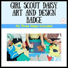 the girl scout's art and design badge is shown in blue, white, and black