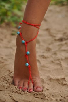 Red Crochet Barefoot Sandals with Turquoise gemstones by barmine, $16.00 Foot Jewelry Wedding, Bridal Foot Jewelry, Turquoise Anklet, Crochet Barefoot Sandals, Beach Wedding Shoes, Yoga Shoes, Barefoot Sandal, Lace Sandals, Red Crochet