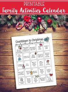 a printable family activities calendar with christmas decorations and candy canes on the table