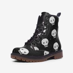 Black and White Skull Vegan Leather Boots - $99.99 - Free Skeleton Boots, Skull Shoes, Lightweight Boots, Vegan Leather Boots, Custom Boots, Skull Clothing, Ankle Support, Goth Fashion, Work Boots