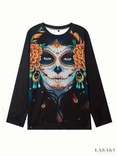 Lasaky - Womens Halloween-themed Sweatshirt with Figure Print, Casual Crew Neck and Long Sleeves Multicolor Cartoon Print Tops For Fall, Novelty Long Sleeve T-shirt With Graphic Print, Fall Long Sleeve T-shirt With Sublimation Print, Black Long Sleeve Top For Halloween, Long Sleeve Black Top For Halloween, Long Sleeve Tops For Costume Party, Black Cartoon Print T-shirt For Winter, Fall Costume Party Long Sleeve Tops, Fall Long Sleeve Tops With Funny Print