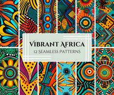 vibrant africa seamless patterns in blue, orange and yellow colors with the words vibrant africa on