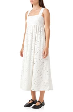 This all-cotton dress features delicate broderie anglaise for a sunshine-ready look while side pockets provide storage for your essentials. Square neck Sleeveless Side-seam pockets Cotton lining 100% cotton Hand wash, dry flat Imported Cotton Broderie Anglaise Maxi Dress, White Cotton Maxi Dress With Broderie Anglaise, White Broderie Anglaise Sleeveless Maxi Dress, White Sleeveless Broderie Anglaise Maxi Dress, White Sleeveless Maxi Dress With Broderie Anglaise, Broderie Anglaise Maxi Dress For Daywear, Summer Beach Midi Dress With Eyelet Details, Beach Midi Eyelet Dress, Beach Eyelet Midi Dress