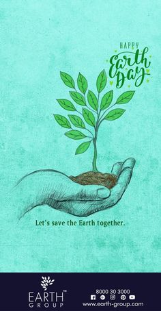 a hand holding a plant with the words earth day on it