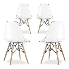 four clear plastic chairs with wooden legs and one white chair in the middle, set of 4