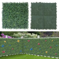 two panels of artificial grass with butterflies on them