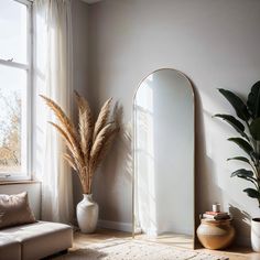 a living room with a couch, mirror and potted plant on the floor next to it