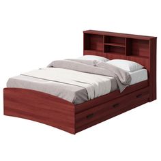 a bed with a bookcase headboard and two night stands on top of it