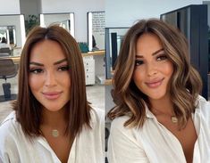 Trendy Medium Length Haircuts Dark Hair, Dark Brunette To Blonde Before And After, Brunette Before And After, Hair Color Ideas For Brunettes For Summer Medium Length, Short Dark Hair With Money Piece, Fall 2023 Hair Trends Haircuts, Blonde To Brunette Before And After, Short Dark Hair