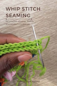 someone is knitting something green with the words whip stitch seaming on top of it