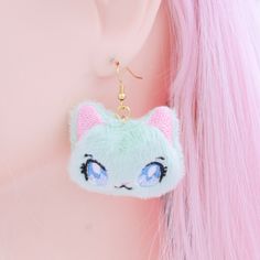 "Now you can have your very wear my super cute kawaii plushes and take with you on all of your adventures!  My kawaii plush cat earrings have been embroidered on the softest minky fabric and are filled with polyester filling.  This listing is for a pastel mint kawaii plushie cat cool anime earrings other colors available in my shop. Perfect for all styles! :)  Use these accessories for an instant update on just about any harajuku clothing style! ♥ Earring Hooks Gold Colored Stainless Steel Wire Cute Cat Design Dangle Earrings, Cute Hypoallergenic Cat Ears Jewelry, Cute Cat Ears Jewelry For Pierced Ears, Kawaii Drop Earrings, Cute Handmade Cat Ears Jewelry, Kawaii Style Drop Earrings, Kawaii Hypoallergenic Drop Earrings, Cute Cat Design Drop Earrings, Kawaii Dangle Earrings With Ear Wire