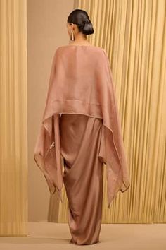 Mocha short kaftan top with asymmetric cut. Comes with coordinating draped skirt and an inner slip. - Aza Fashions Short Kaftan Tops, Huma Qureshi, Sanya Malhotra, Skirt Satin, Kaftan Top, Short Kaftan, Diana Penty, Draped Sleeves, Beige Skirt