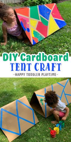 an image of a child playing with a kite in the grass and text overlay that reads diy cardboard tent craft happy toddler playtime