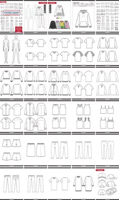 different types of shirts and pants with measurementss for each shirt, from the front to the