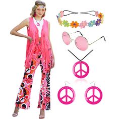 a woman wearing sunglasses and pink clothing with peace signs on the front, sun glasses and headbands