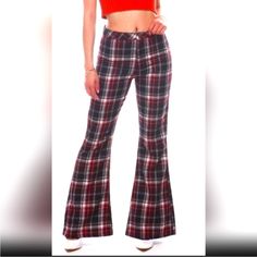 Nwt Almost Famous 90’s Flare Plaid Pants Size 3 Red Navy Blue White And Yellow Button And Zipper Closure With Belt Loops And Back Patch Pockets. Made Of 100% Polyester. Lightweight Soft Pants With A Hi Rise Measurements Are Pictured Waist 13.25” Flat Rise 10.5” Inseam Approximately 31” Flare Leg Opening 12” Flat Price Tag Is Missing But Other Brand Tags Are Still Attached Brand New Never Worn. Yellow Plaid Pants, Black Flare Pants, Boho Brand, Famous Black, Red Blue White, Soft Pants, Flare Leg Pants, Yellow Plaid, Bell Bottom Pants