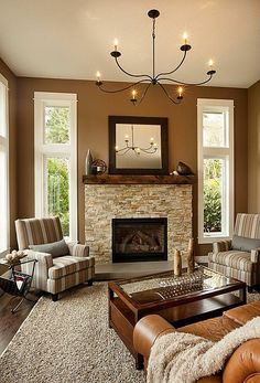 a living room filled with furniture and a fire place in the middle of a room