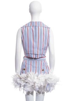 For Sale on 1stDibs - ▪ Vivienne Westwood 'Cafe Society' striped skirt suit ▪ 100% Cotton ▪ Waist coat ▪ Mini skirt with detachable feathered boa ▪ Buttons with engraved orb Vivienne Westwood Bustle Skirt, Vivienne Westwood Mini Skirt, Dream Wishlist, Bustle Skirt, Velvet Corset, Feather Skirt, Ball Skirt, Brand Ideas