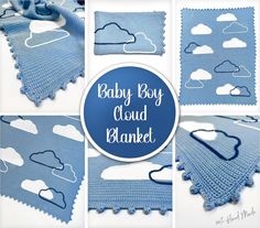 baby boy cloud blanket crochet pattern in blue and white with clouds on it