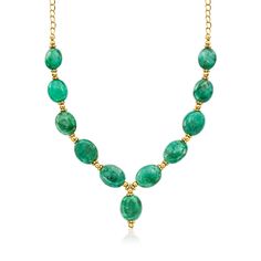 Ross-Simons - 80.00ct t. w. Emerald Bead Necklace in Gold Over Sterling. 18". Just the necklace to liven up your look, this sizable style features 80.00 ct. t. w. oval emerald beads stationed on an 18kt yellow gold over sterling silver curb chain with a 2" extender. Lobster clasp, emerald bead necklace. Emerald birthstones are the perfect gift for May birthdays. May Birthdays, Necklace Emerald, Emerald Birthstone, Emerald Bead, Fine Jewelery, Fine Jewellery Necklace, Bead Necklace, Jewelry Necklace Pendant, Emerald