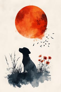 a dog is sitting in the grass and looking up at an orange sun with birds flying over it