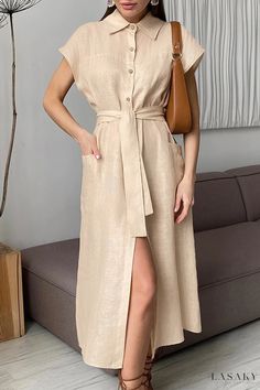 Lasaky - Sophisticated Solid Color Shirt Dress with Turndown Collar Fitted Shirt Dress With Pockets For Vacation, Casual Maxi Shirt Dress With Pockets, Casual Collared Maxi Dress With Pockets, Casual Belted Shirt Dress For The Beach, Chic Shirt Dress For Vacation, Casual Belted Vacation Shirt Dress, Casual Belted Shirt Dress For Vacation, Chic Beige Shirt Dress With Pockets, Casual Belted Maxi Shirt Dress