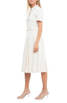 Make a polished presentation in a neatly pleated dress offered with a matched belt and a perky collar. Spread collar Short sleeves Lined 100% polyester Hand wash, dry flat Imported Chic Workwear Pleated Dress With Box Pleat, Chic Workwear Dress With Box Pleat, Chic Box Pleat Pleated Dress For Work, Chic Collared Belted Fitted Dress, Chic Collared Fitted Belted Dress, Chic Fitted Collared Belted Dress, Elegant Belted Pleated Dress For Formal Occasions, Chic Semi-formal Midi Dress With Box Pleat, Chic Formal Box Pleat Pleated Dress