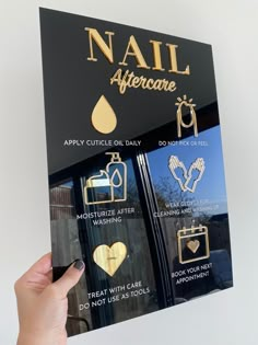 Stand out with a sign with our stunning aftercare signs  Nail aftercare advice signage for your salon, beauty room, or aesthetics room. Beautiful 3D mirror titles and icons are available in gold mirror, rose gold mirror or silver. Size: Approximately size A3  Customise: Choose your colours from the drop-down menu. The 2D instructional writing will be white if the black base is chosen and black on all other bases Made from 2 layers of 3mm acrylic  *Note on fixing your sign to the wall*  If you would like 10mm holes in each corner of the sign for wall fixings (fixings not included) please write this in the 'notes' section when placing your order. You can also fix your sign to the wall using command strips to save the need for drilling and fixing (we recommend the brand 3M). If you do not add Nail Aftercare, Nail Room Ideas, Nail Salon Interior Design, Nail Salon Interior, Business Nails, Nail Salon Decor, 3d Mirror, Nail Salon Design