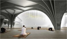 an artist's rendering of a person sitting on a rug in a large room