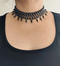 Black Hand Made Gothic Choker Necklace. Goth Beaded Choker - Etsy Ukraine Black Beaded Choker, Beaded Choker Necklace Diy, Gothic Beaded Necklace, Choker Patterns, Diy Choker Necklace, Gothic Choker Necklace, Beaded Chocker, Choker Necklace Black, Necklace Tattoo