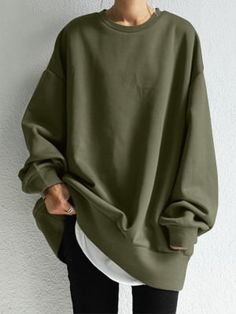 Effortless Comfort: Casual Loose Round-Neck Sweatshirt Top Winter Crew Neck Khaki Top, Winter Khaki Crew Neck Top, Khaki Crew Neck Top For Winter, Baggy Long Sleeve Tops In Solid Color, Olive Crew Neck Top For Winter, Oversized Olive Crew Neck Top, Casual Long Sleeve Khaki Sweatshirt, Green Crew Neck Sweatshirt Solid Color, Oversized Green Plain Top