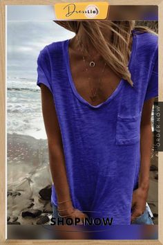 V Neck Casual Pocket Tops Beach Summer Women Holiday Daily Blouse Casual V-neck Blouse For Beach Season, Summer V-neck Top With Pockets, V-neck Tops With Pockets For Vacation, Beachy V-neck Top For Day Out, Chic V-neck Top For Beach Season, V-neck Top With Pockets For Day Out, Blue V-neck Top With Pockets, Solid V-neck Blouse For The Beach, Solid V-neck Blouse For Beach