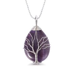 PLEASE NOTE: Our crystal stones are natural minerals and each crystal is unique. The internal ice cracks, pits, mineral points, and color differences of natural crystals are all formed naturally and are normal phenomena, which will not affect the efficacy, beauty and value of the crystal at all.This necklace is probably the most beautiful piece of jewelry you'll ever see. The intricate tree design weaved around the gorgeous purple crystal adds to this necklace's charm. Wear this magical piece ar Teardrop Crystal Stones Necklace For Gift, Natural Stone Pendant Crystal Necklace, Natural Stone Pendant Crystal, Natural Stone Crystal Pendant, Spiritual Amethyst Crystal Necklace With Raw Stone, Amethyst Teardrop Necklace For Healing, Lavender Necklaces With Natural Stones For Gift, Mineral Crystal Pendant Necklace With Stones, Lavender Spiritual Crystal Pendant Necklace