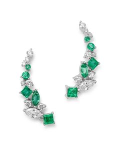 Bloomingdale's Diamond & Emerald Climber Earrings in 14K White Gold - 100% Exclusive Diamond Climber Earrings, Diamond Shape Earrings, Hammered Hoop Earrings, Climber Earrings, Circle Earrings Studs, Circle Studs, Exclusive Jewelry, Emerald Earrings, Emerald Jewelry