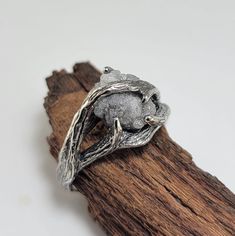 a silver ring sitting on top of a piece of wood