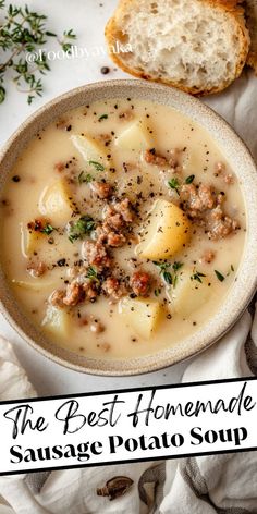 Bowl of sausage potato soup, a hearty and comforting choice for holiday dinners. Old Fashion Soups, Soups Using Leftover Ham, Sweet Potato Sausage Soup, Christmas Eve Soup Ideas, Family Friendly Soup, Cold Day Soup Recipes, Hearty Potato Soup, Christmas Eve Soup Recipes