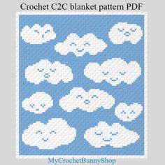 a cross stitch pattern with clouds in blue and white, on a gray background that says crochet c2c blanket pattern pdf