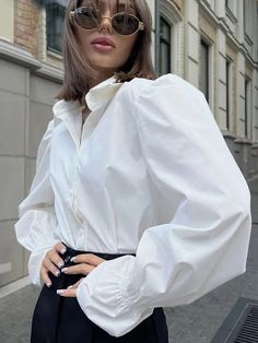 Tavimart White Shirt Women Elegant Lapel Puff Sleeve Blouses Autumn Female Casual Loose Ruched Tops Office Lady Fashion Chic Button Shirt Classic Puff Sleeve Shirt With Button Closure, Bishop Sleeve Tops For Work With Buttons, Puff Sleeve Long Sleeve Top For Work, Long Sleeve Puff Top With Button Closure For Work, Bishop Sleeve Tops With Button Closure For Work, Daywear Shirt With Puff Sleeves, Puff Sleeve Blouson Shirt For Daywear, White Blouson Sleeve Button-up Blouse, White Button-up Blouse With Blouson Sleeves