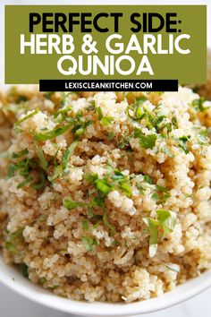 a white bowl filled with quinoa and topped with scallions, chives and green onions