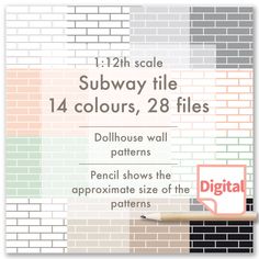 a brick wall with the text subway tile 4 colours, 28 files in white and pink