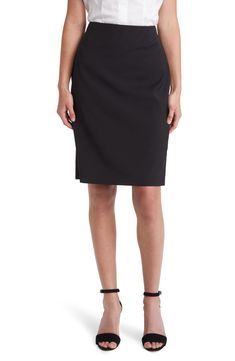 Bring modern style to your work-to-weekend wardrobe with this pencil skirt crafted from pure virgin wool. 23" center front length (size 8)   Lined   100% virgin wool   Dry clean   Imported   Hugo Boss/BOSS/HUGO has received the Fair Labor Association accreditation, which signifies that the company has effective systems and procedures in place to successfully uphold fair labor standards throughout its supply chains, including strategies and tools to address and improve working conditions Tailored Knee-length Skirt For Work, Modern Knee-length Pencil Skirt For Formal Occasions, Office Wool Skirt In Black, Classic Knee-length Elastane Pencil Skirt, Classic Business Casual Skirt, Elegant Elastane Pencil Skirt For Office, Chic Elastane Pencil Skirt For Work, Formal Relaxed Fit Knee-length Pencil Skirt, Relaxed Fit Knee-length Pencil Skirt For Formal Occasions