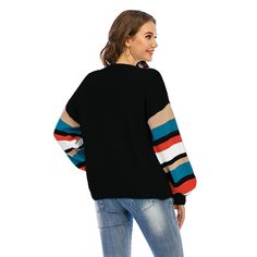 Black Splice Multicolor Stripe Long Sleeve Sweater Black Striped Sleeve Sweater For Fall, Black Sweater With Striped Sleeves For Fall, Black Long Sleeve Sweater With Striped Sleeves, Black Sweater With Striped Long Sleeves, Black Patchwork Crew Neck Sweater, Black Crew Neck Sweater With Patchwork, Casual Black Sweater With Striped Sleeves, Black Sweater With Striped Sleeves For Winter, Multicolor Crew Neck Outerwear With Color Block