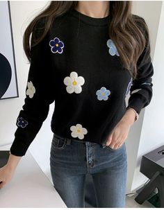 Get this stylish knitted sweater with beautiful floral embroidery and o neck design. crafted with quality materials, this sweater is perfect for fall and winter. Floral Embroidery Knit Tops For Fall, Knit Tops With Floral Embroidery For Fall, Trendy Floral Print Crew Neck Sweater, Black Embroidered Long Sleeve Sweater, Trendy Embroidered Knit Sweater, Black Long Sleeve Embroidered Sweater, Knit Crew Neck Top With Floral Print, Fall Floral Embroidered Crew Neck Sweater, Embroidered Knit Crew Neck Top