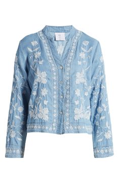 This lightweight chambray button-up shirt covered in intricate floral embroidery is the perfect layering piece all year 'round. Front button closure V-neck Long sleeves 100% cotton Hand wash, dry flat Made in the USA Light Indigo Button-up Tops For Spring, Spring Long Sleeve Blouse With Tonal Embroidery, Embroidered Button-up Daywear Top, Embroidered Button-up Top For Daywear, Spring Daywear Light Wash Blouse, Spring Light Indigo Relaxed Fit Blouse, Light Indigo Long Sleeve Top For Spring, Light Indigo Relaxed Fit Blouse For Spring, Denim Blouse With Floral Embroidery